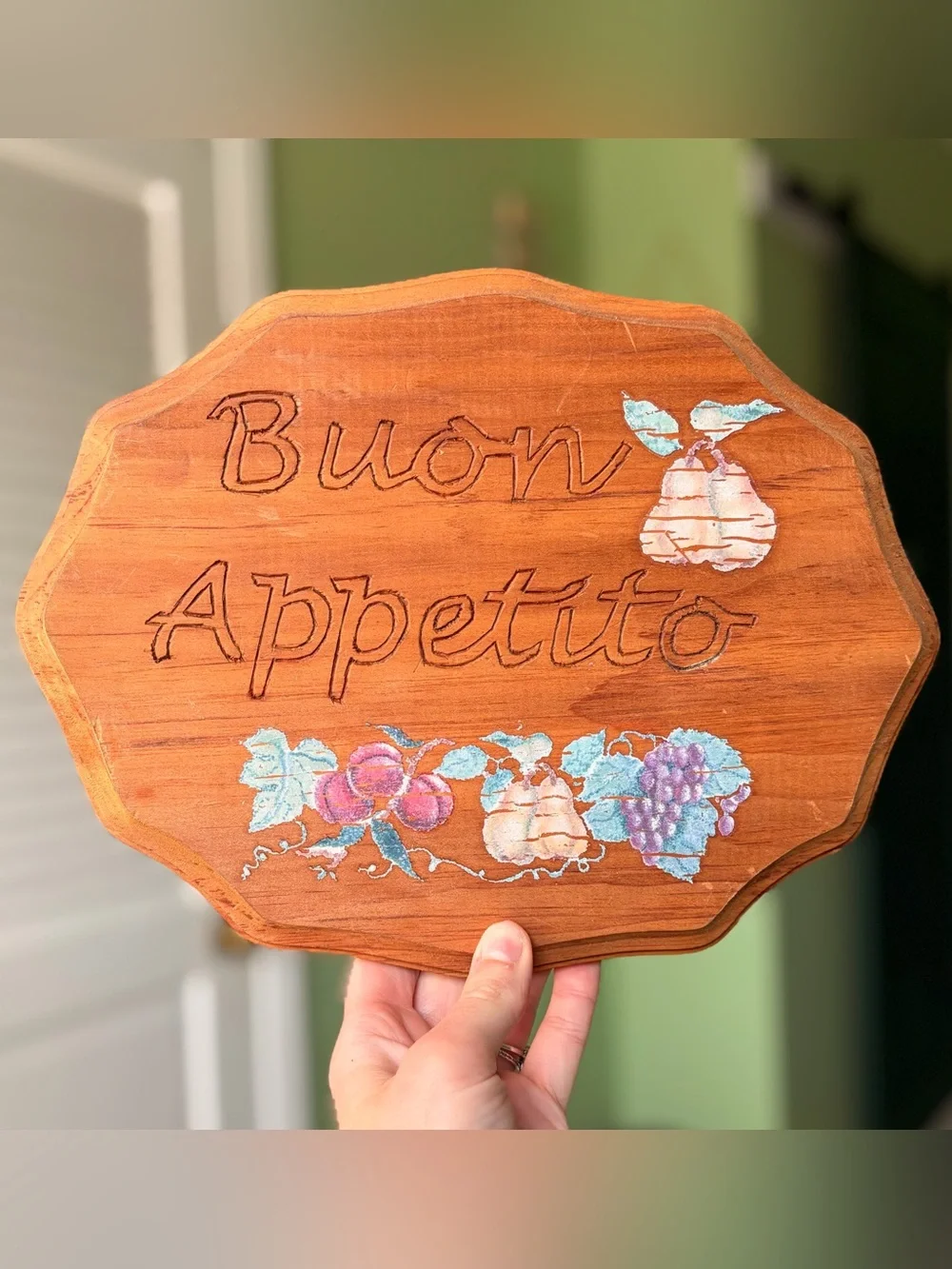Vintage Italian Buon Appetito Wooden Wall Plaque with Fruit Artwork